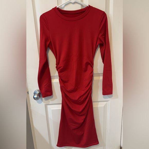 Amazon Women's Bodycon Ruched Long Sleeve Basic Midi Club Party Pencil Dress - Picture 2 of 4